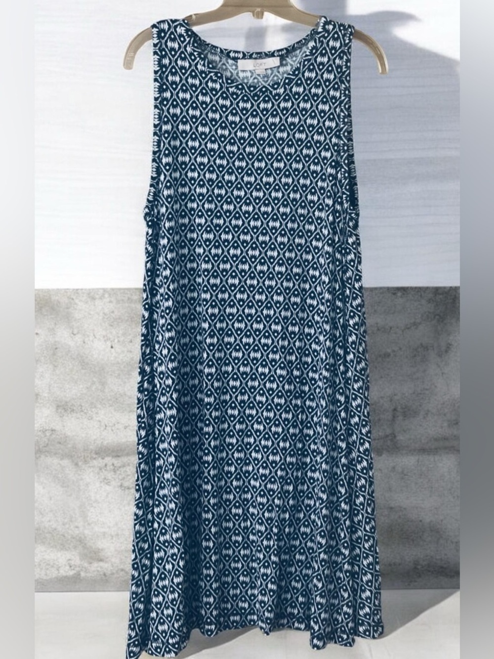 LOFT LT Tall Navy White Sleeveless Swing Dress Geometric Print Casual Summer